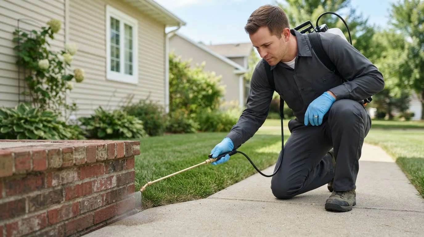 Pest control technician treating a home near Whiting, VT